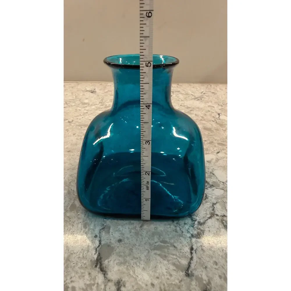 Vintage Unique Hand Crafted Glass Vase Aqua Teal Dimple Pinched 5
